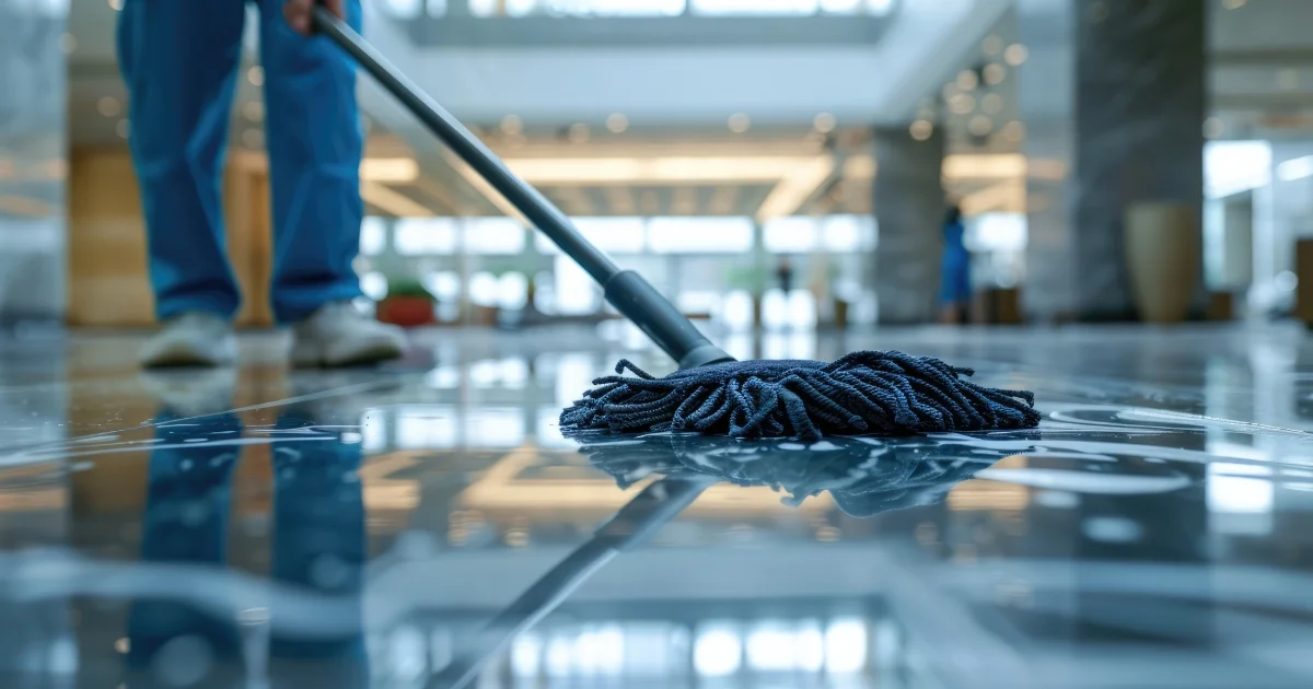 Close-up view of a janitor mopping a glossy office floor, highlighting the wet surface and blue mop head in a modern, well-lit lobby.